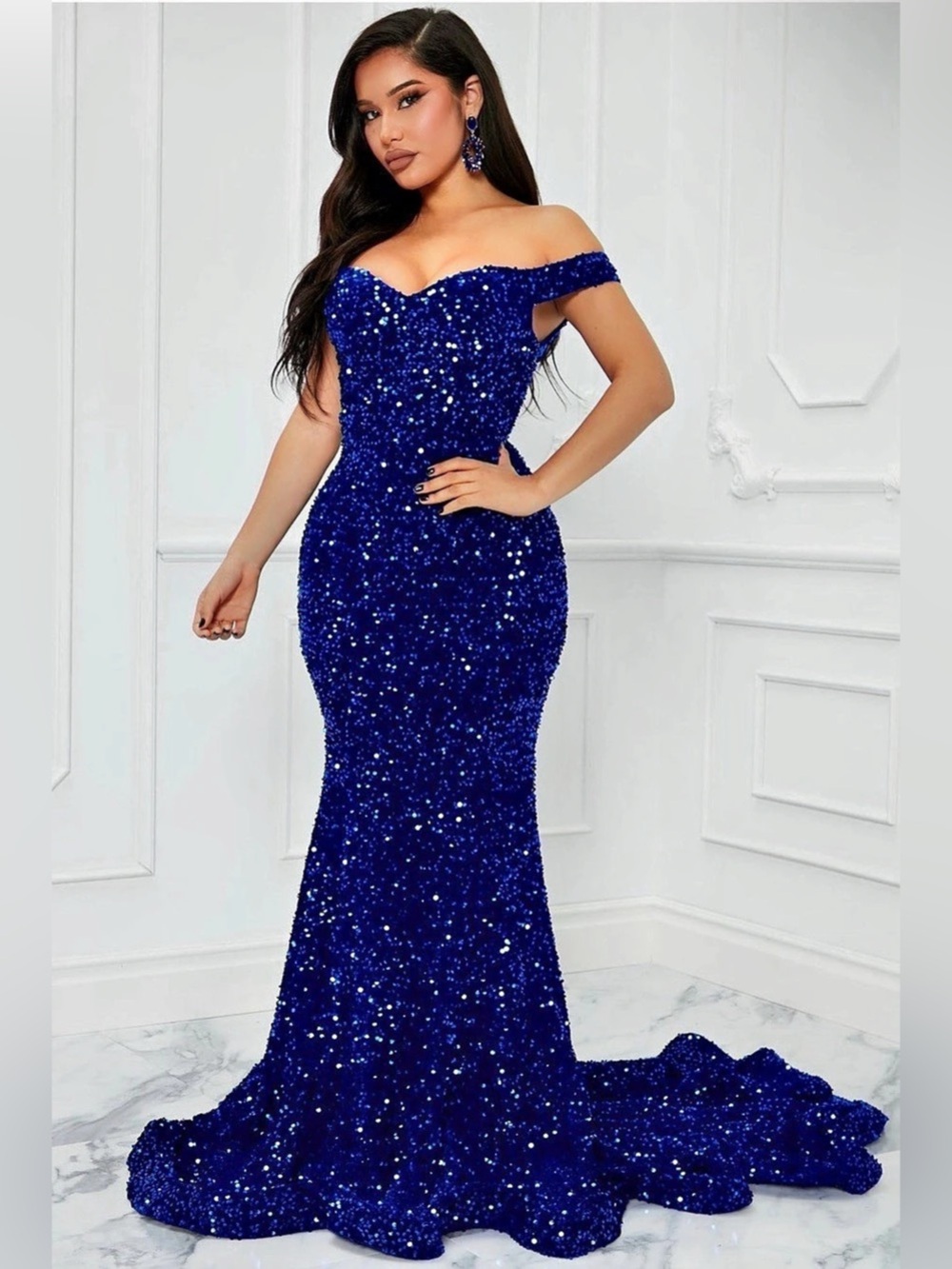 Royal Blue Sequin Maxi Gown Off Shoulder Sweetheart Neck Dramatic Train